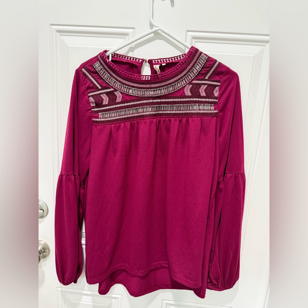 Red Camel Magenta beaded Yoke Long-Sleeve Top